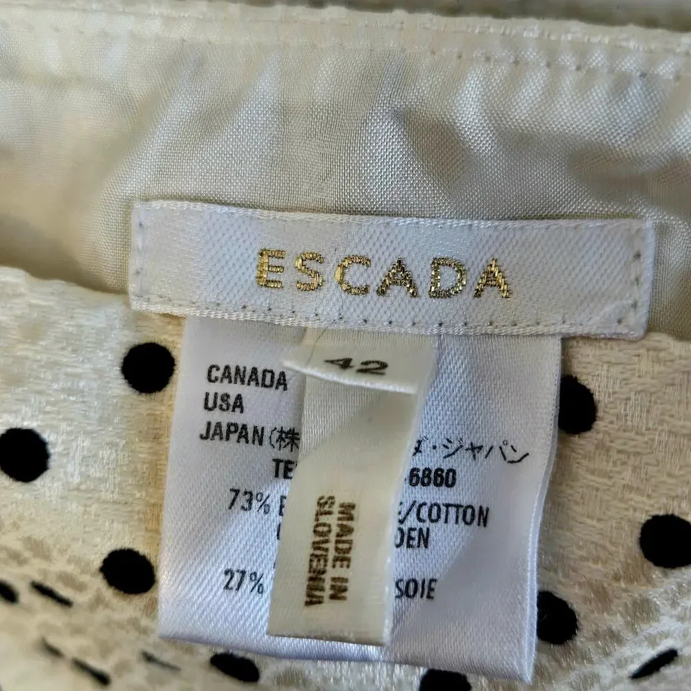 Size US 10 – Escada Cream & Black Polka Dot Silk-Blend Pencil Skirt